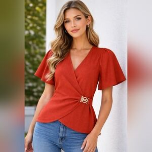 Michael Kors Rust Wrap Blouse with Gold Buckle